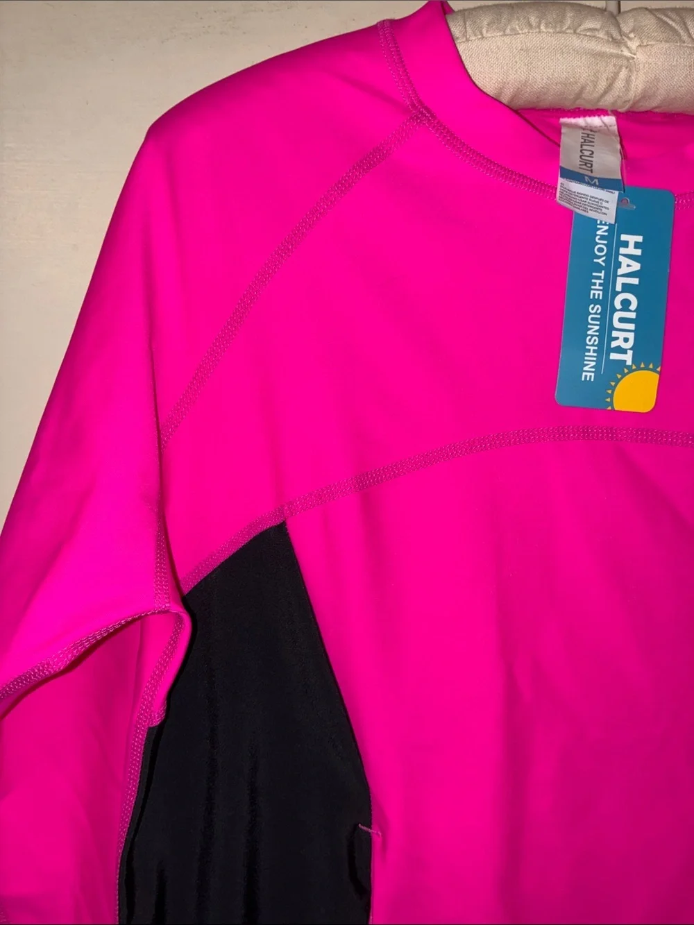 NWT Women's Hot Pink Swim Coverup Rash Guard with Black Panels Two Front Pockets